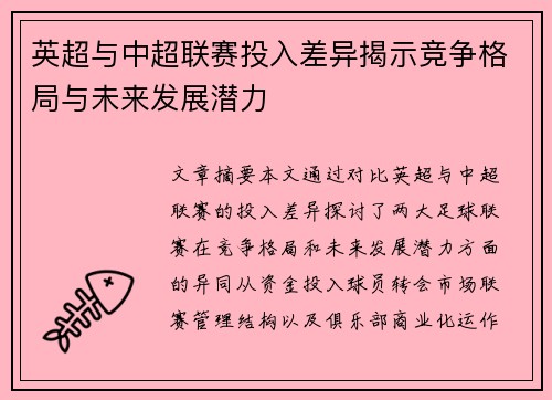 英超与中超联赛投入差异揭示竞争格局与未来发展潜力 英超与中超联赛投入差异揭示竞争格局与未来发展潜力