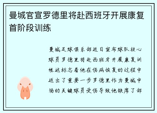 曼城官宣罗德里将赴西班牙开展康复首阶段训练